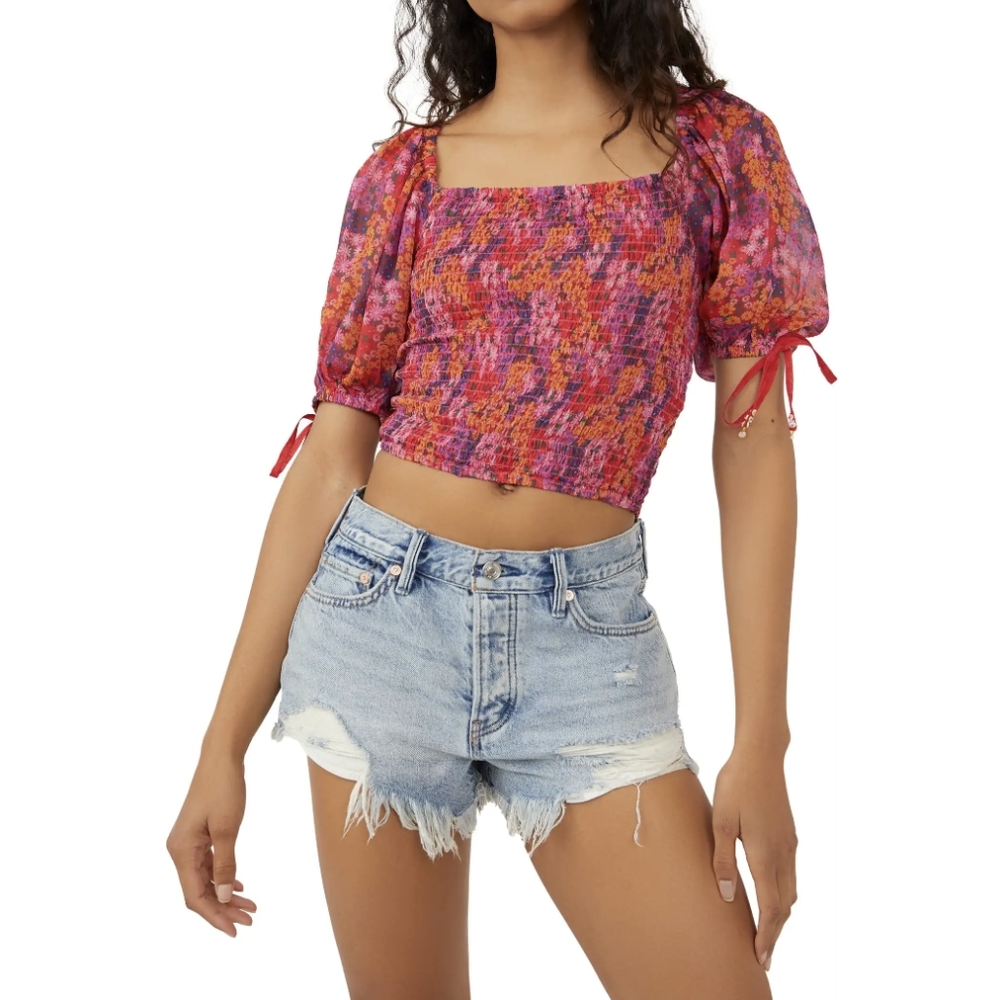 Free People Back on Top Smocked Hot Pink Combo Crop Top Size Medium